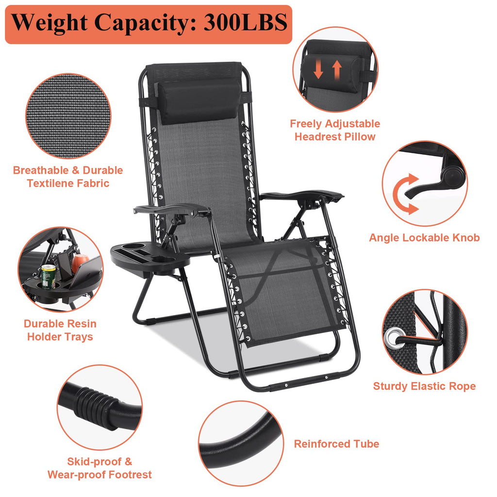 Zero Gravity Chair with Pillow and Cup Holder Trays, Black O55344