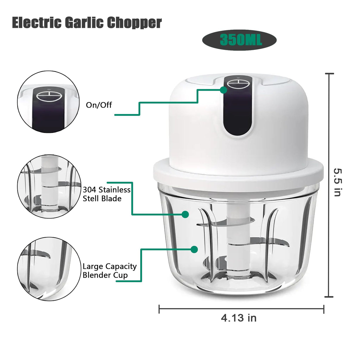 White 3 Cup USB Rechargeable Portable Electric Garlic Crusher F995521