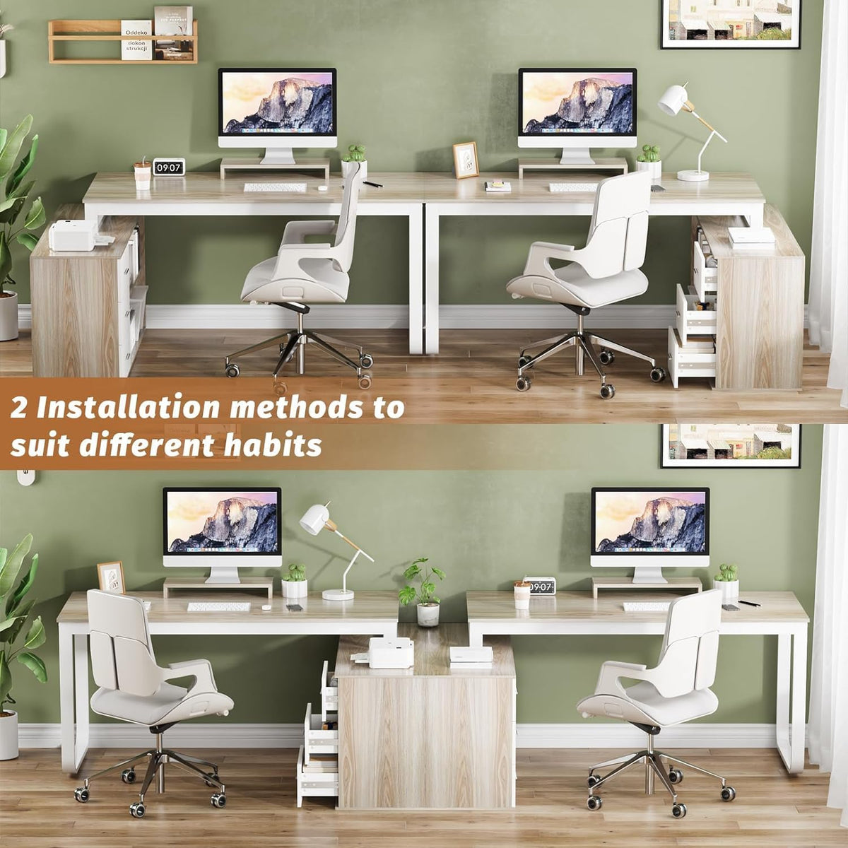 55" L Shaped Office Desk with Drawers, White and Walnut B4177