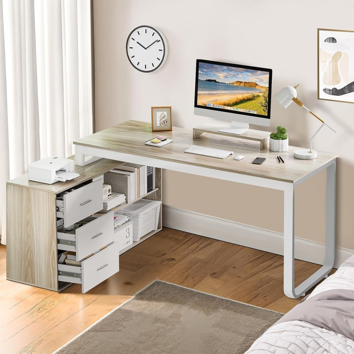 55" L Shaped Office Desk with Drawers, White and Walnut B4177
