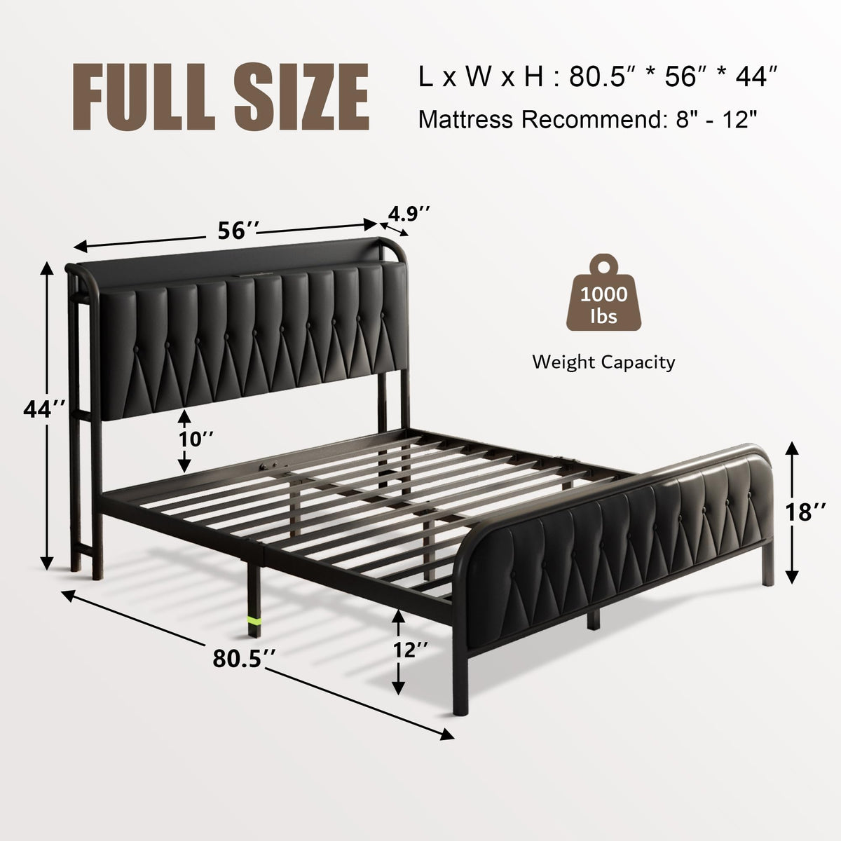 Black Full Size Platform Bed Frame with Faux Leather Upholstered Storage Headboard S8699