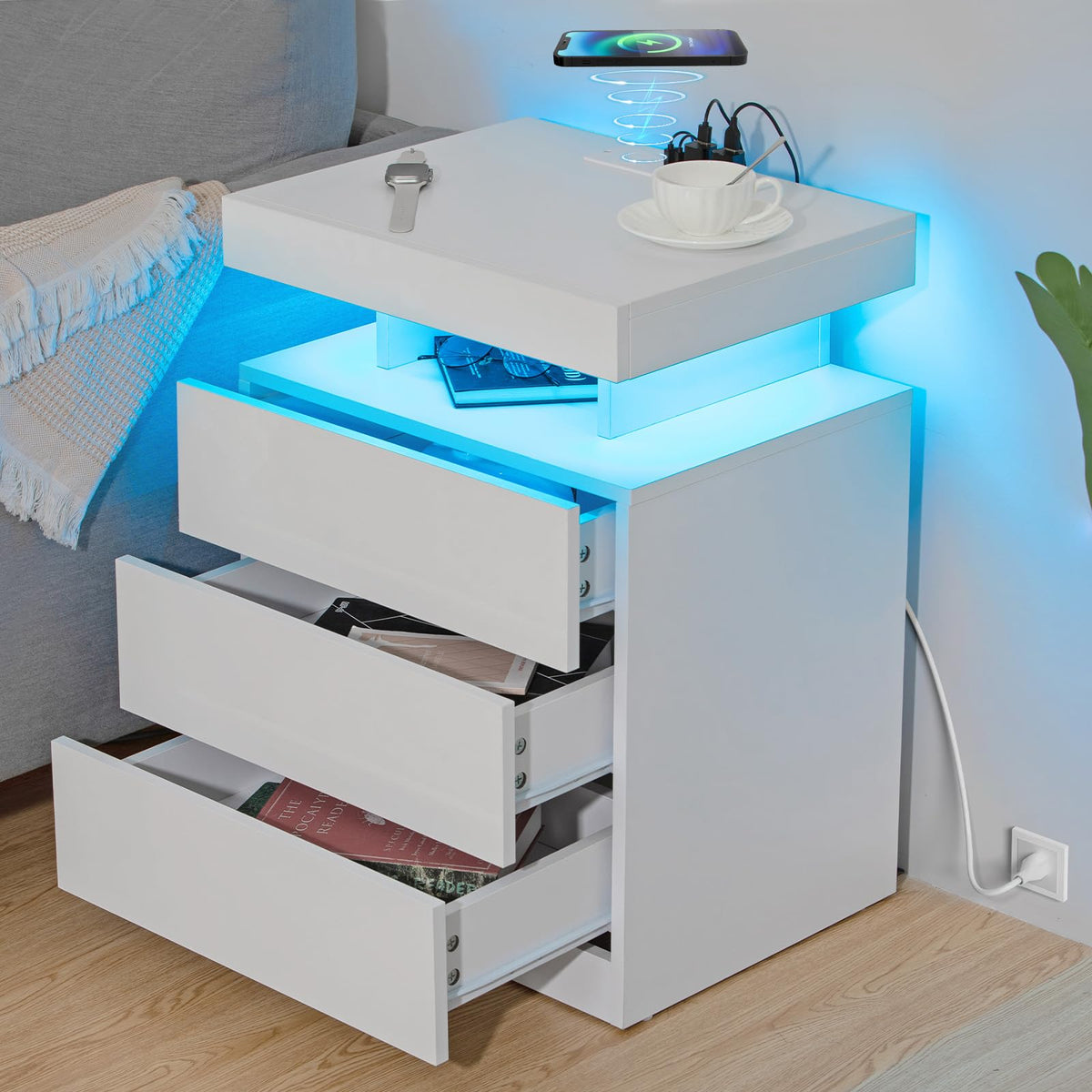 White 3 Drawer Nightstand with Charging Station and LED Light M355