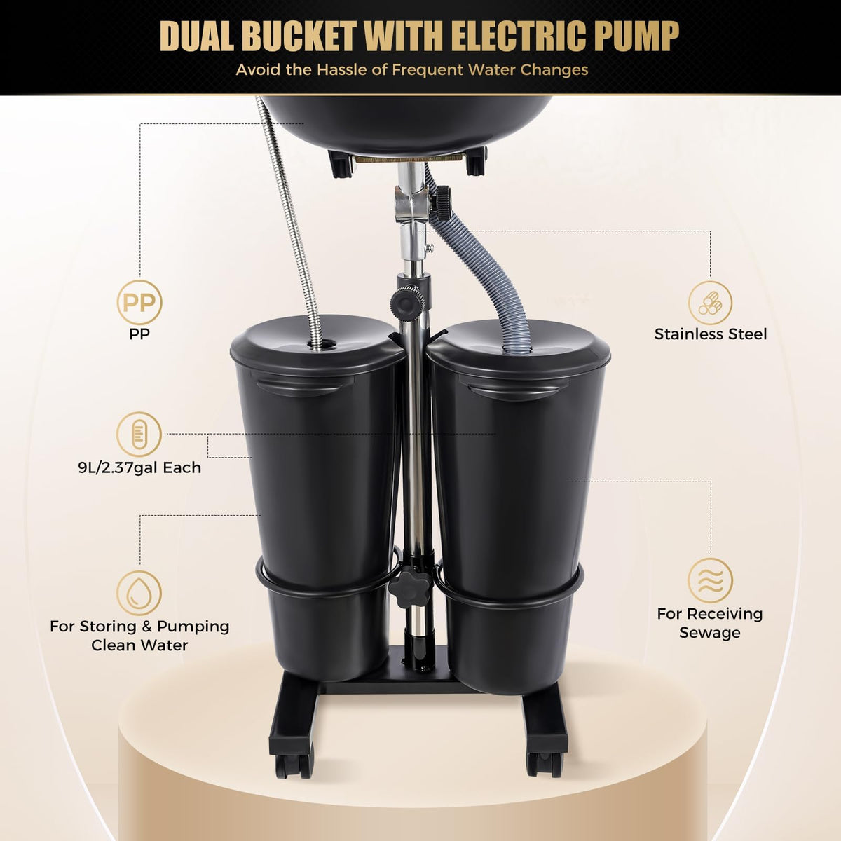 Portable Shampoo Bowl with Electric Pump, Adjustable Height, Dual Bucket Design A769384