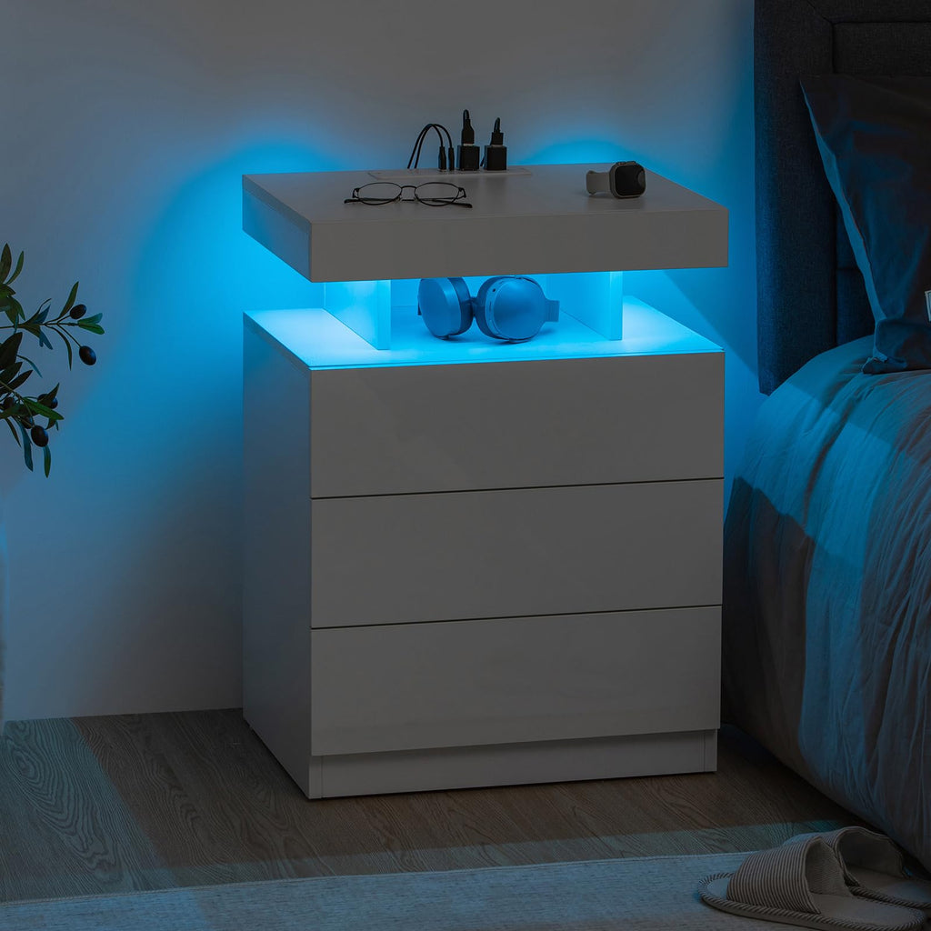 White 3 Drawer Nightstand with Charging Station and LED Light M355