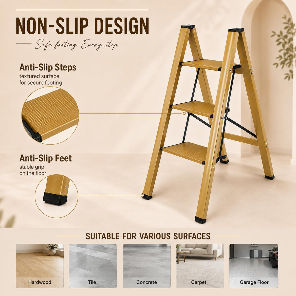 Gold Aluminum 3 Step Folding Stool, 330 lb Capacity D215