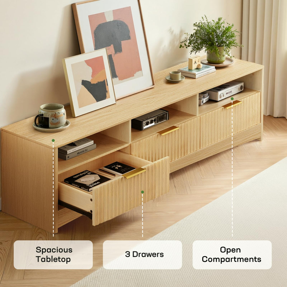 59″ Wide 3 Drawer TV Stand with Open Shelves, Natural Oak M96502