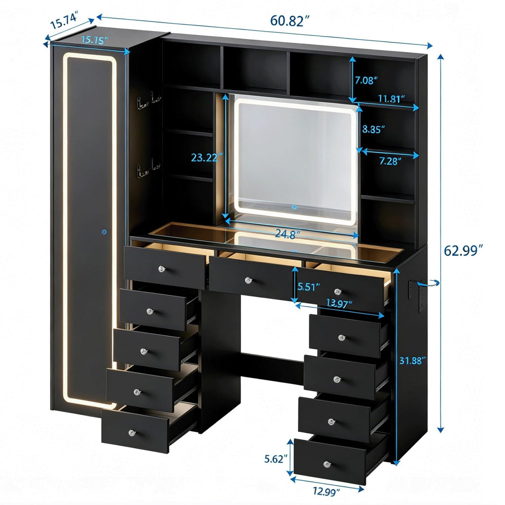 Full Length Mirror Vanity Desk with LED Mirror and 11 Drawers B379