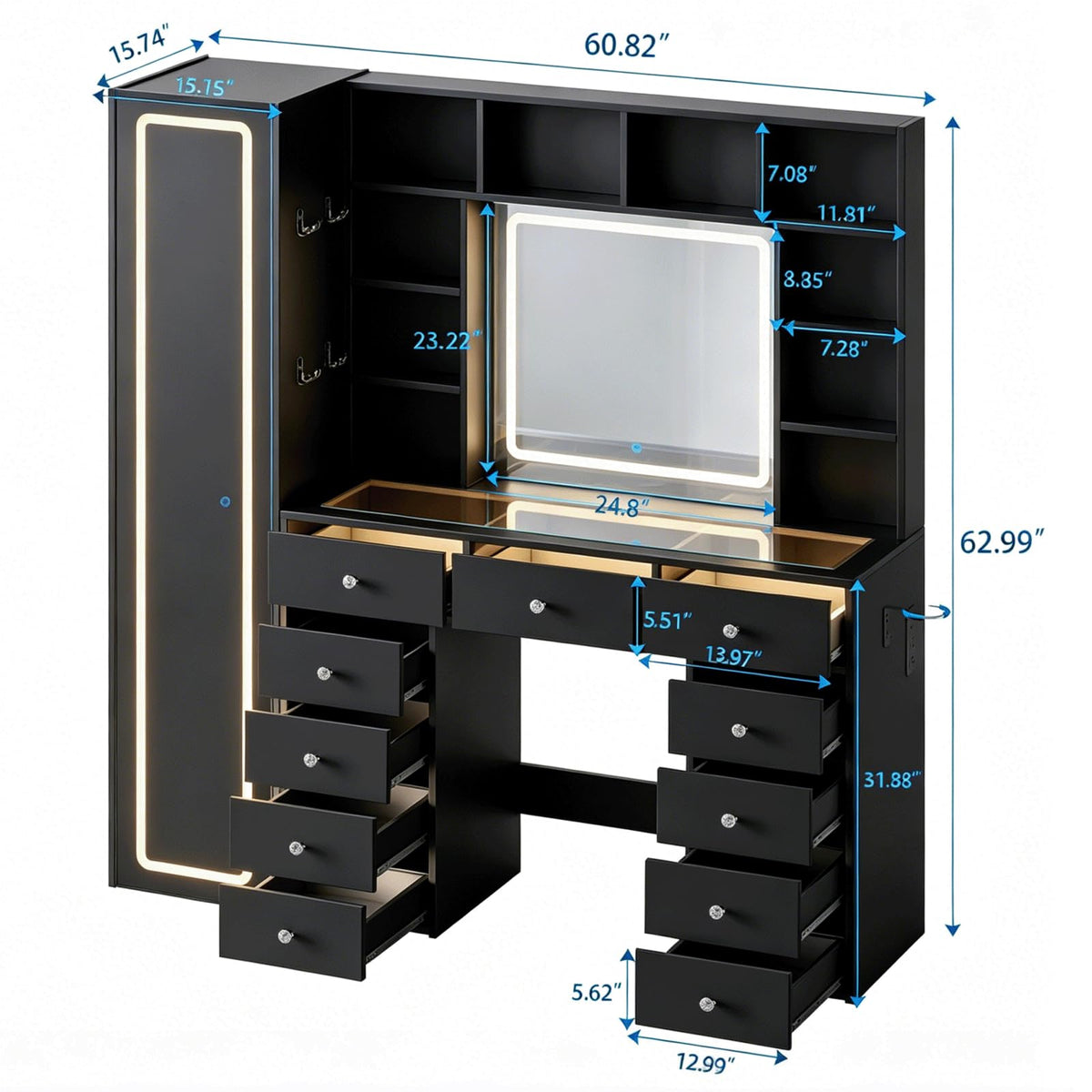 Full Length Mirror Vanity Desk with LED Mirror and 11 Drawers B379