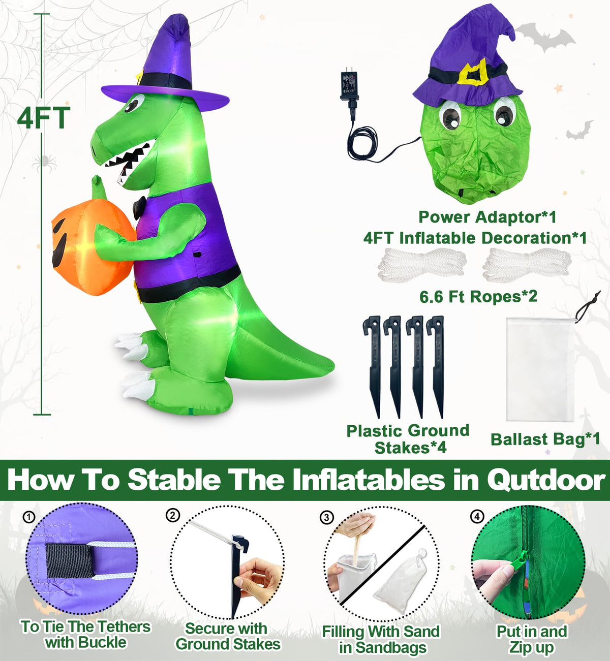 4 Ft Halloween Inflatables Witch Dinosaur Y812