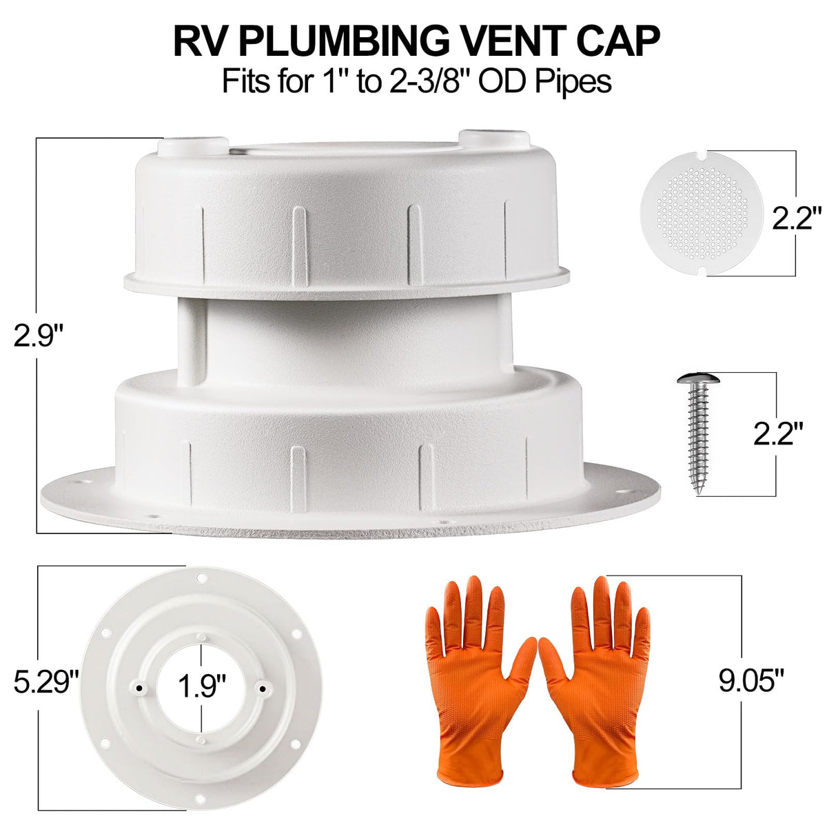 Aluminum RV Plumbing Vent Cap Kit with Screen White C4187