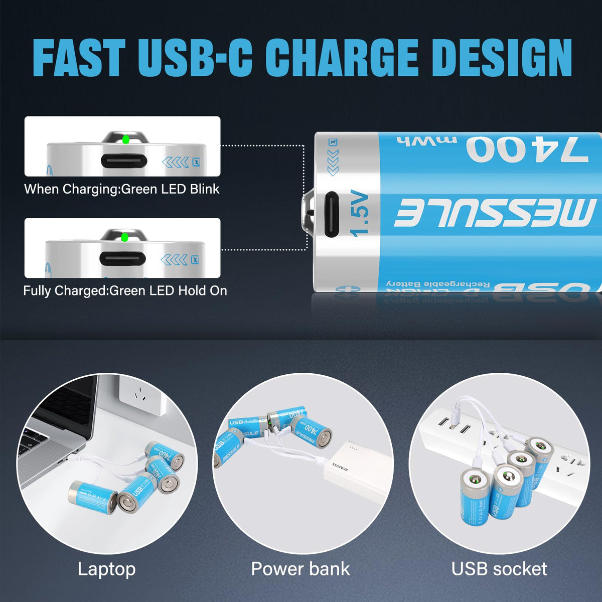 4 Pack 1.5V Rechargeable Lithium D Cell Batteries with USB-C Charge Cable Z3993