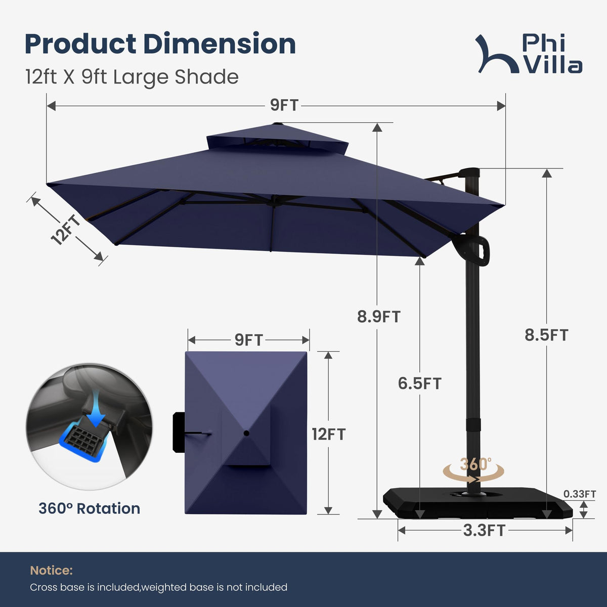 9'x12' Navy Cantilever Patio Umbrella with Base S67020