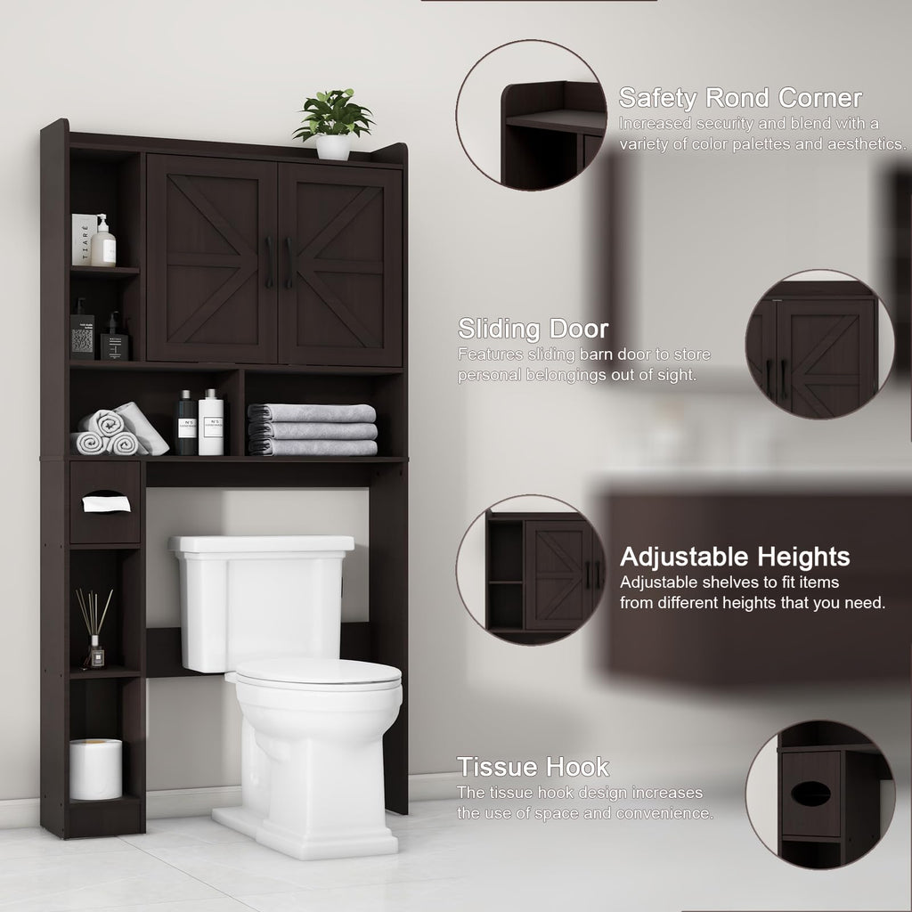 Over The Toilet Storage Cabinet with 2 Barn Doors, Espresso I86896