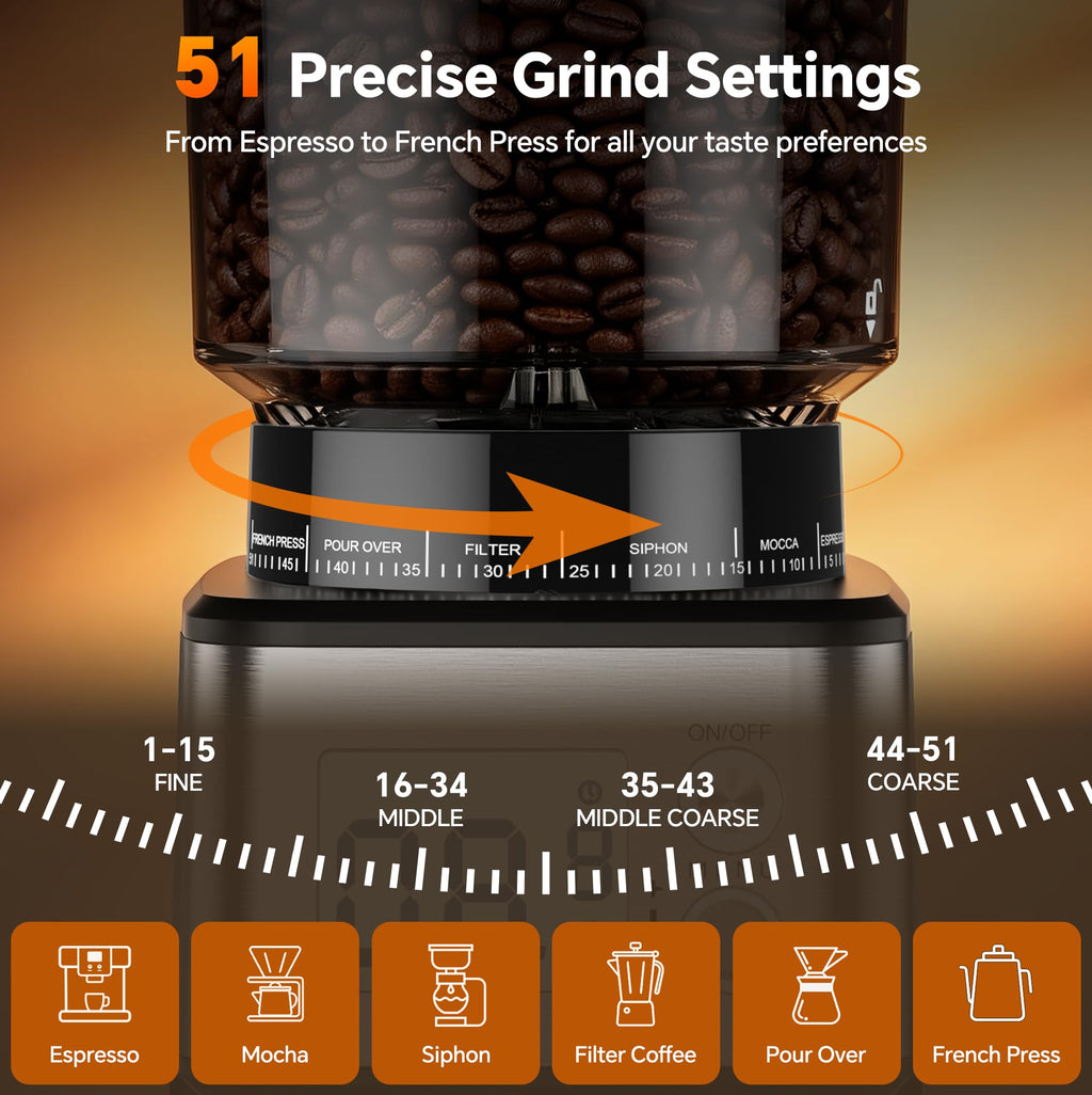 Conical Burr Coffee Grinder, 51 Grind Settings, 1-12 Cups, Stainless Steel E1314