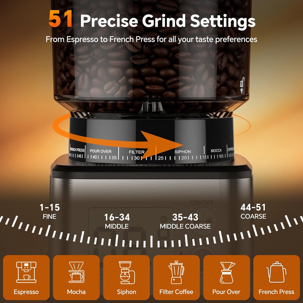 Conical Burr Coffee Grinder, 51 Grind Settings, 1-12 Cups, Stainless Steel E1314
