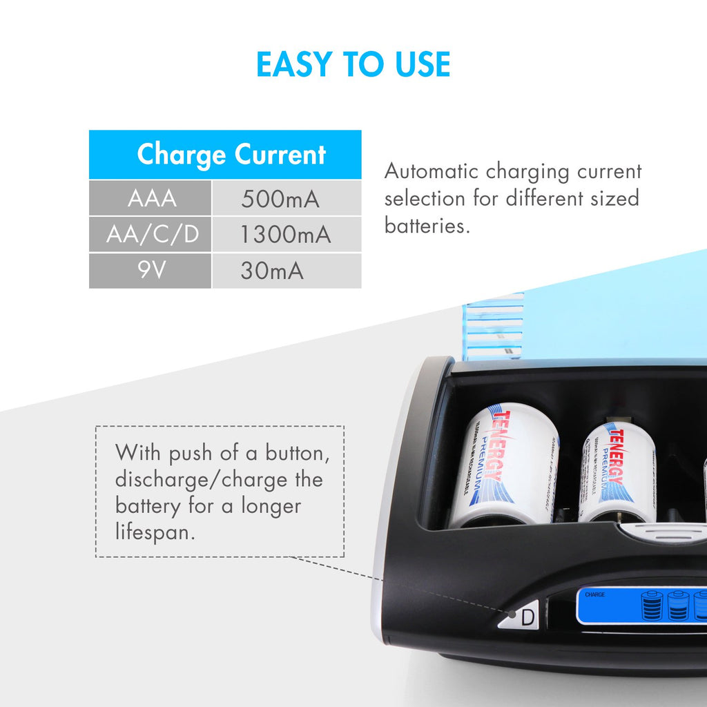 Rechargeable C Batteries and LCD Smart Battery Charger, 4 Pack D389