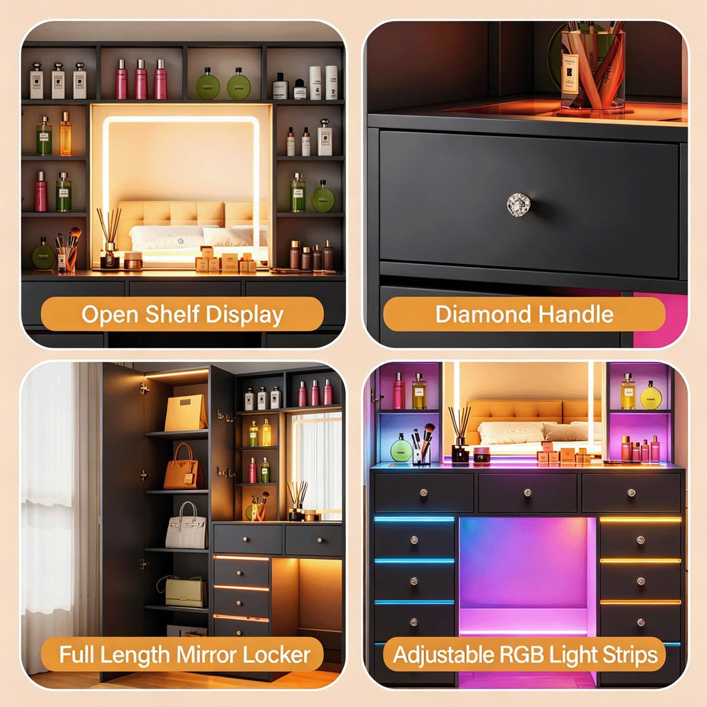 Full Length Mirror Vanity Desk with LED Mirror and 11 Drawers B379