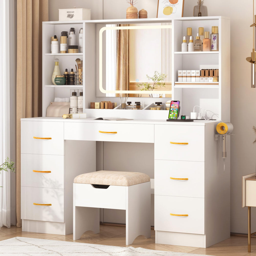 White 47" Makeup Vanity Desk with LED Mirror, Stool & 7 Drawers N971275