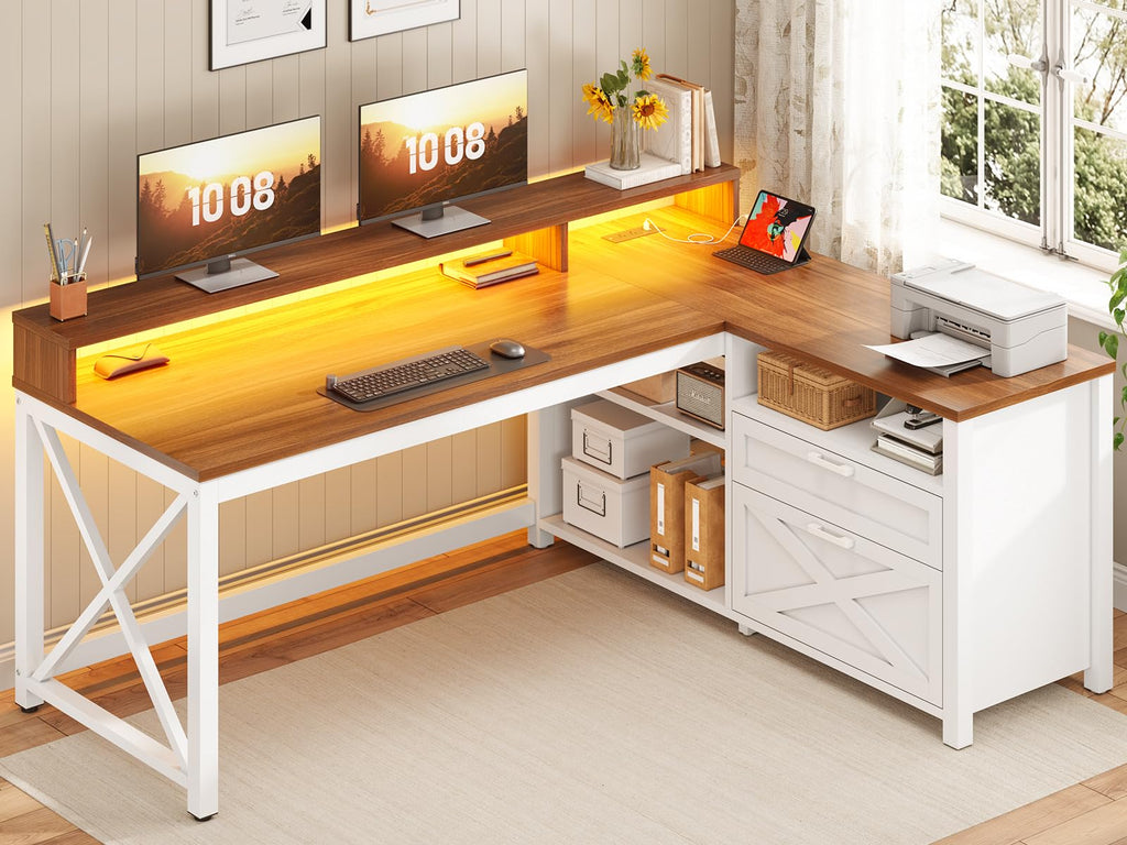 Brown L Shaped Desk with Drawers and Storage Shelves S606879