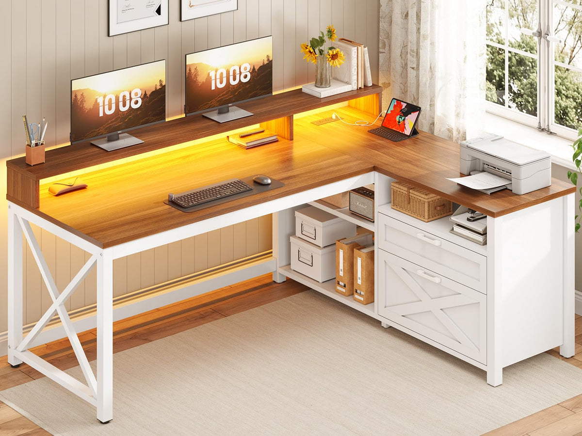 Brown L Shaped Desk with Drawers and Storage Shelves S606879