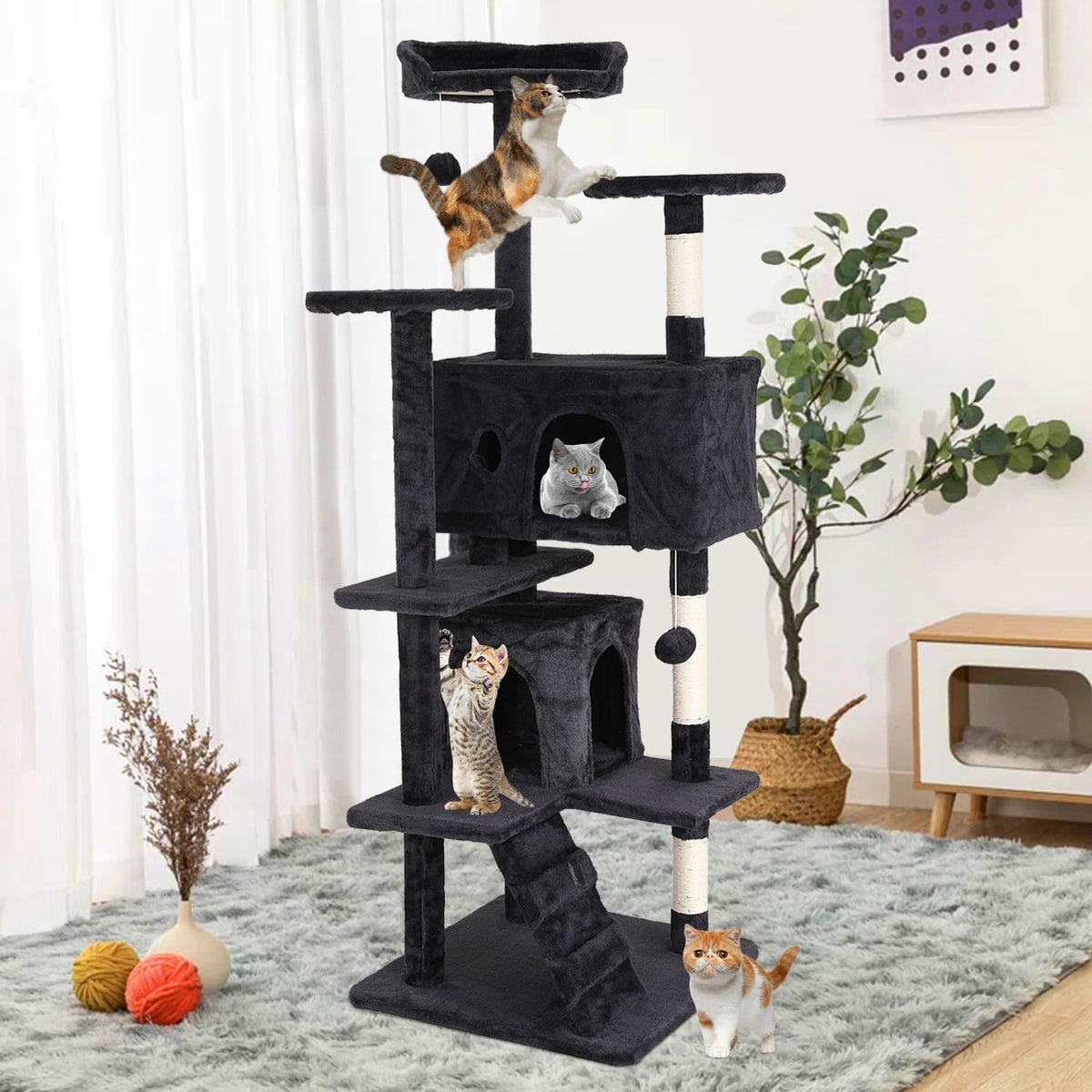 70 Inches Dark Gray Multi-Level Cat Tree with Litter Box Enclosure B5929