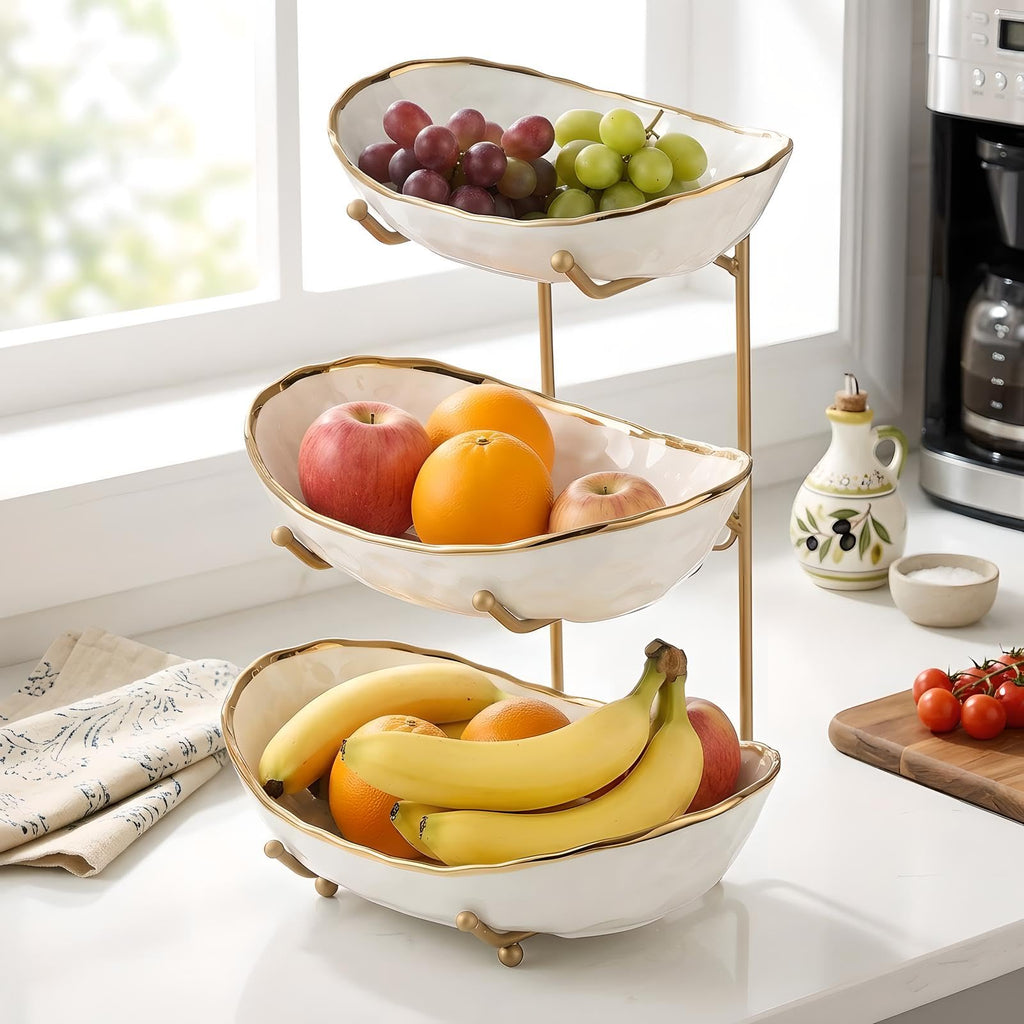 White 3 Tier Ceramic Fruit Bowl with Metal Holder K531