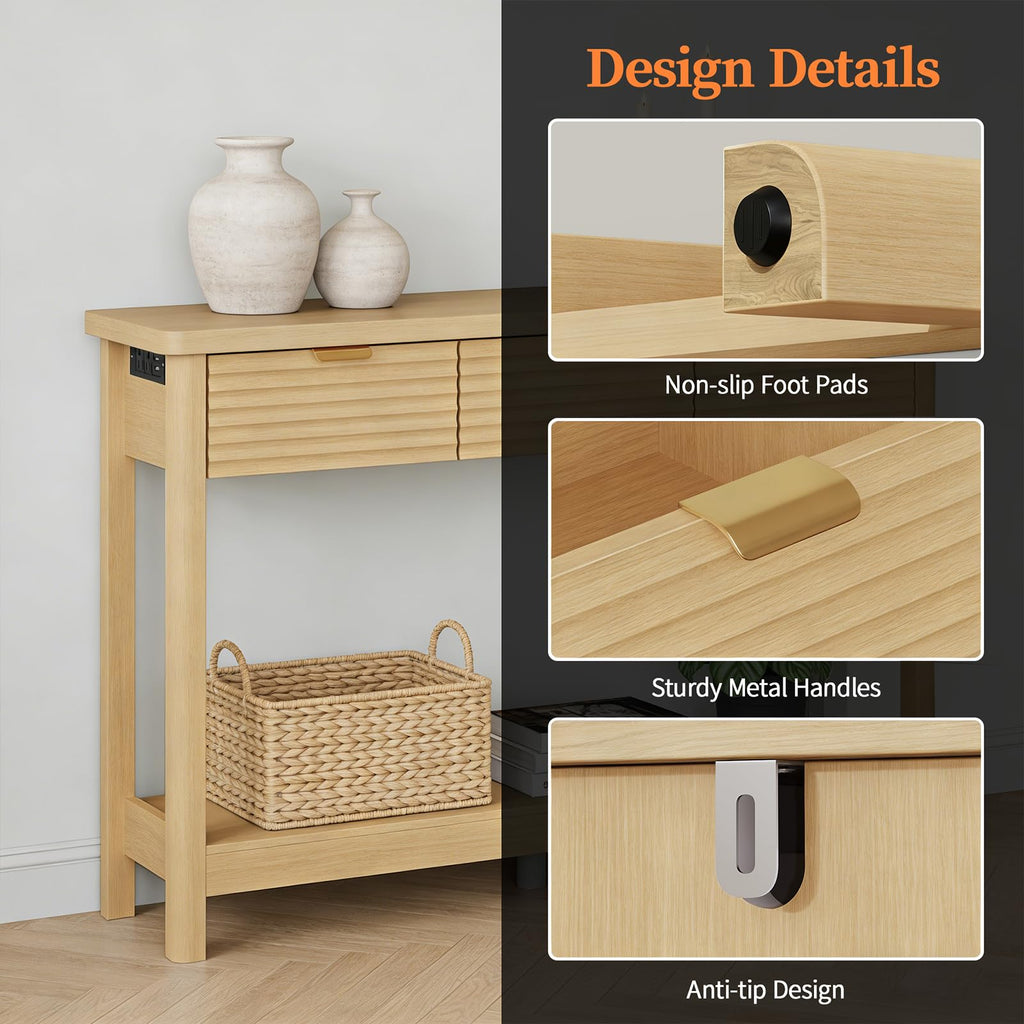 47.2" Narrow Console Table with 3 Drawers & Charging Station, Oak Y755