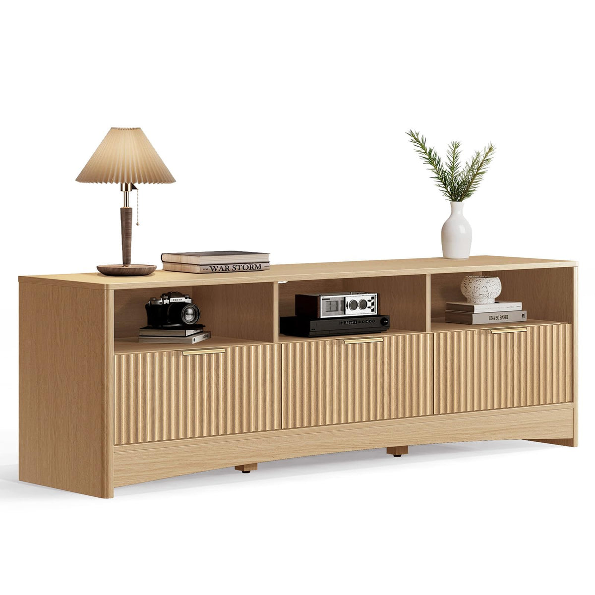 59″ Wide 3 Drawer TV Stand with Open Shelves, Natural Oak M96502