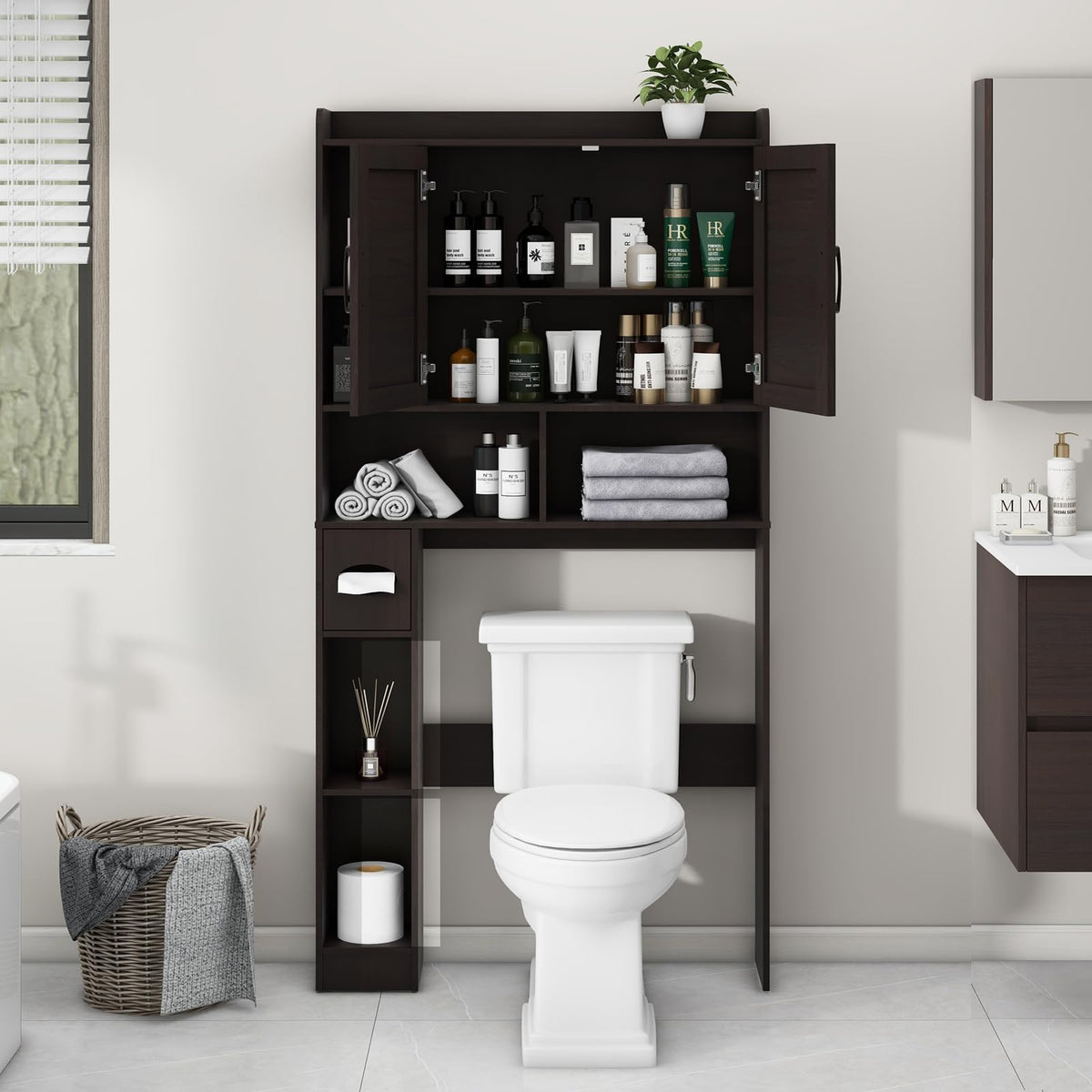 Over The Toilet Storage Cabinet with 2 Barn Doors, Espresso I86896