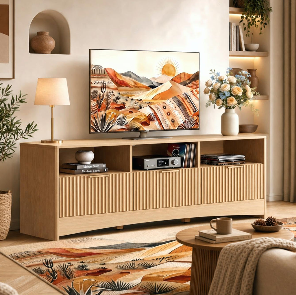 59″ Wide 3 Drawer TV Stand with Open Shelves, Natural Oak M96502