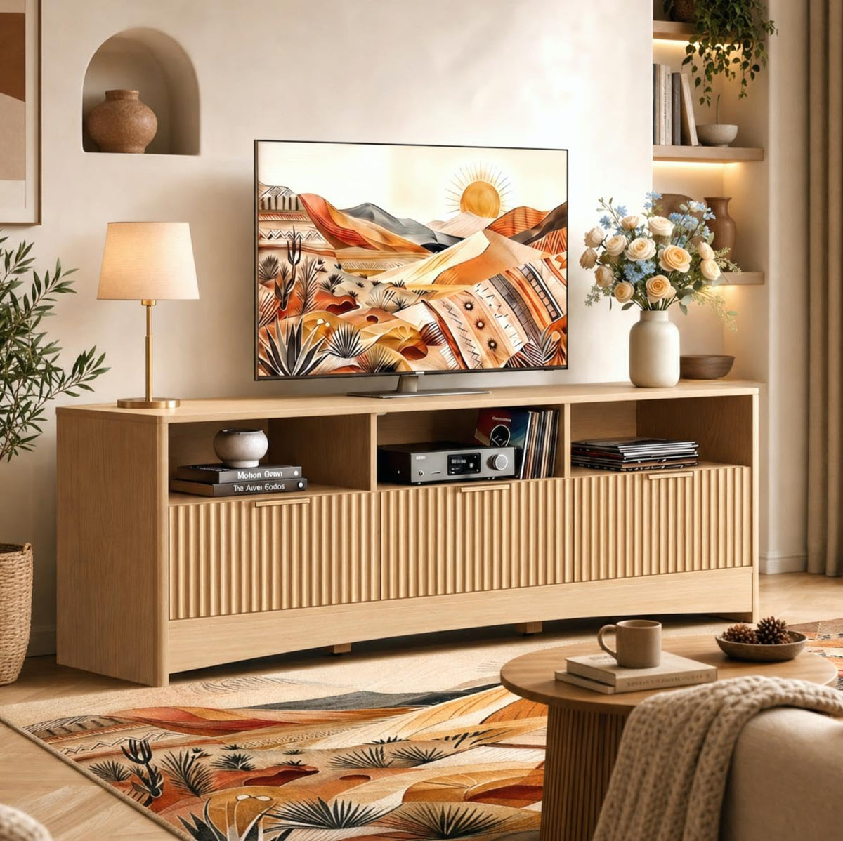 59″ Wide 3 Drawer TV Stand with Open Shelves, Natural Oak M96502
