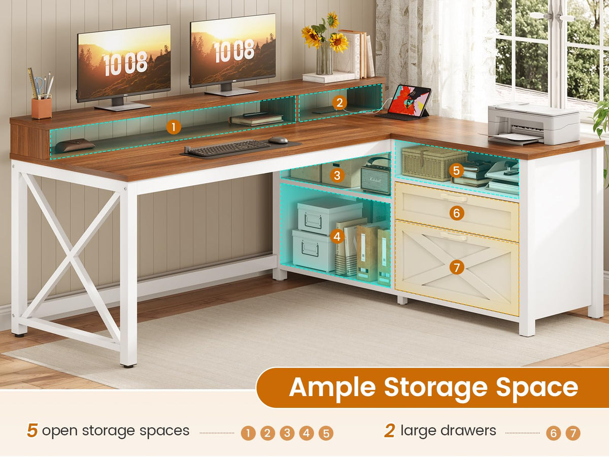 Brown L Shaped Desk with Drawers and Storage Shelves S606879