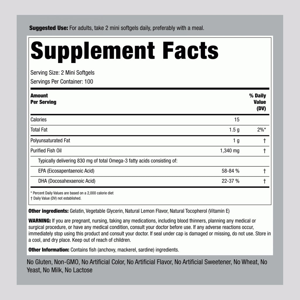 Fish Oil Omega 3 Supplement 1340 mg 200 Mini Softgels Q648