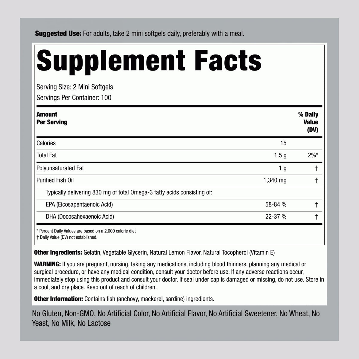 Fish Oil Omega 3 Supplement 1340 mg 200 Mini Softgels Q648
