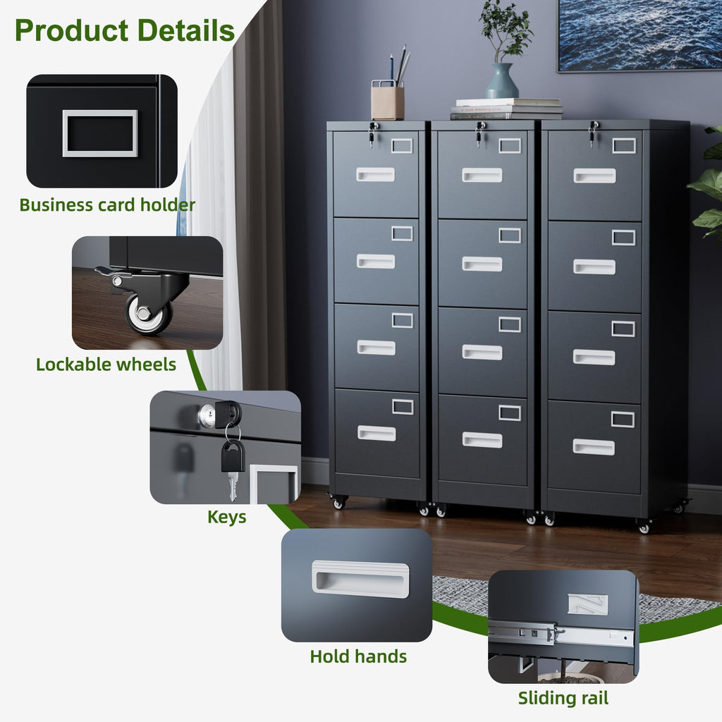 4 Drawer Black Metal File Cabinet with Lock and Wheels U798750