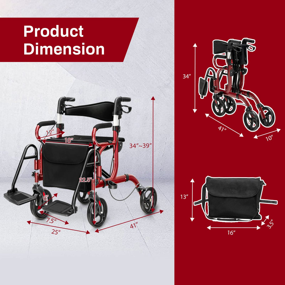2 in 1 Folding Rollator Walker with Seat and 8" Wheels K933