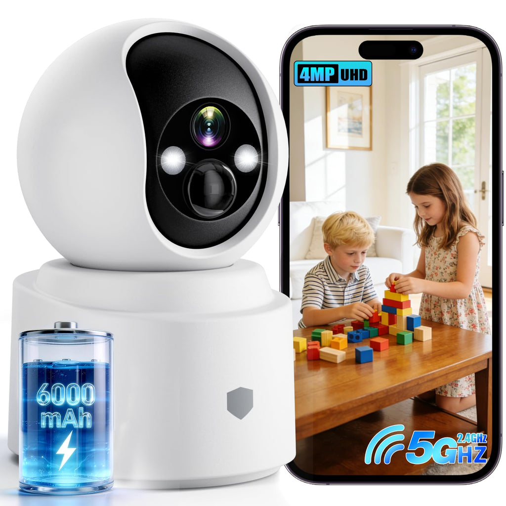 Battery Powered Wireless Indoor Security Camera, 4MP HD Pan/Tilt, 6000mAh Rechargeable, 5G&2.4G WiFi 6 R55581