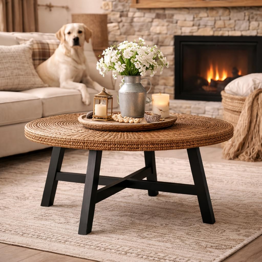 32 Inch Round Handwoven Seagrass Coffee Table with Pine Wood X Base N85435