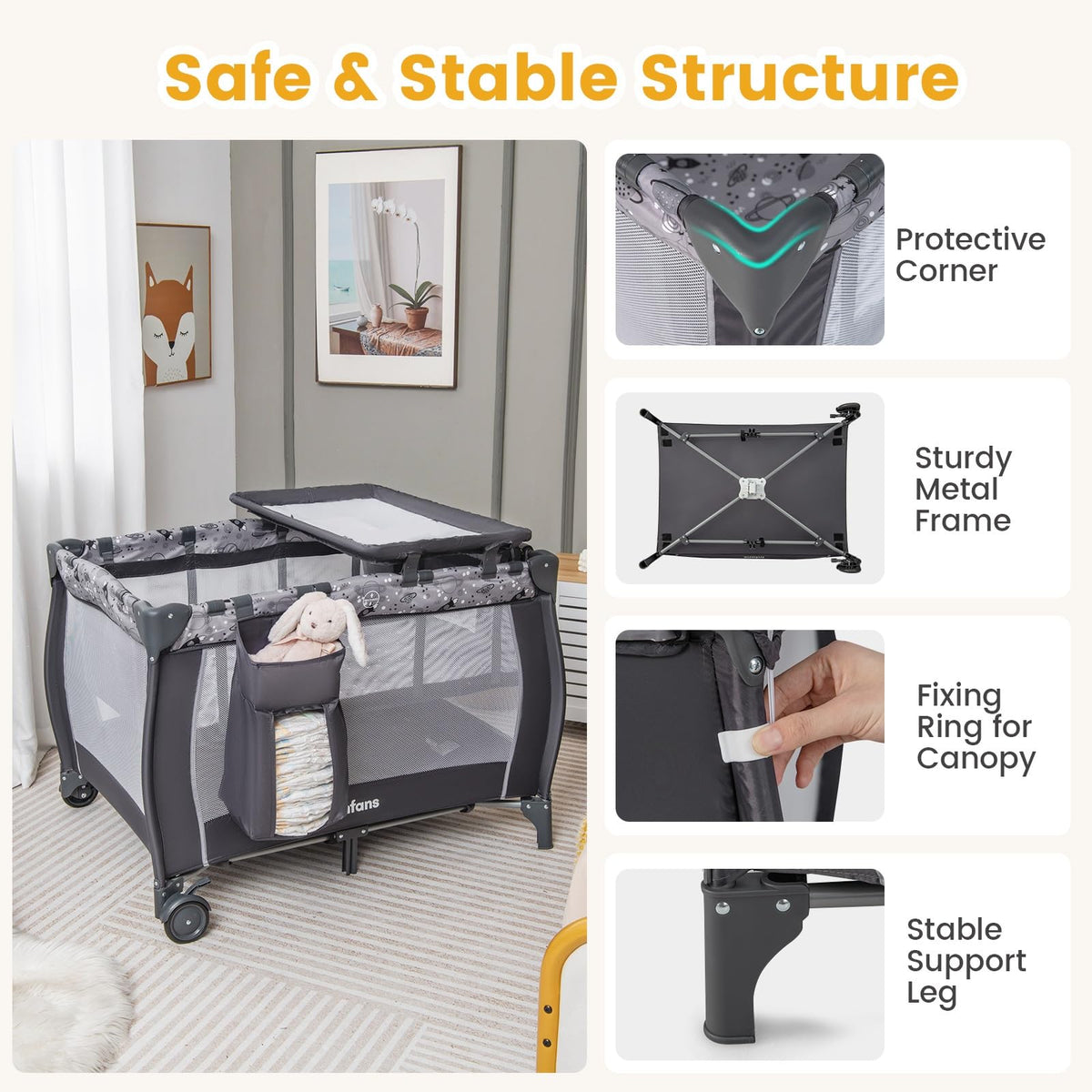 4 in 1 Pack and Play with Bassinet, Changing Table, Storage Basket B80249