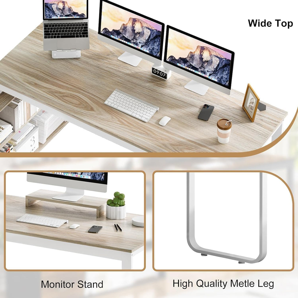 55" L Shaped Office Desk with Drawers, White and Walnut B4177
