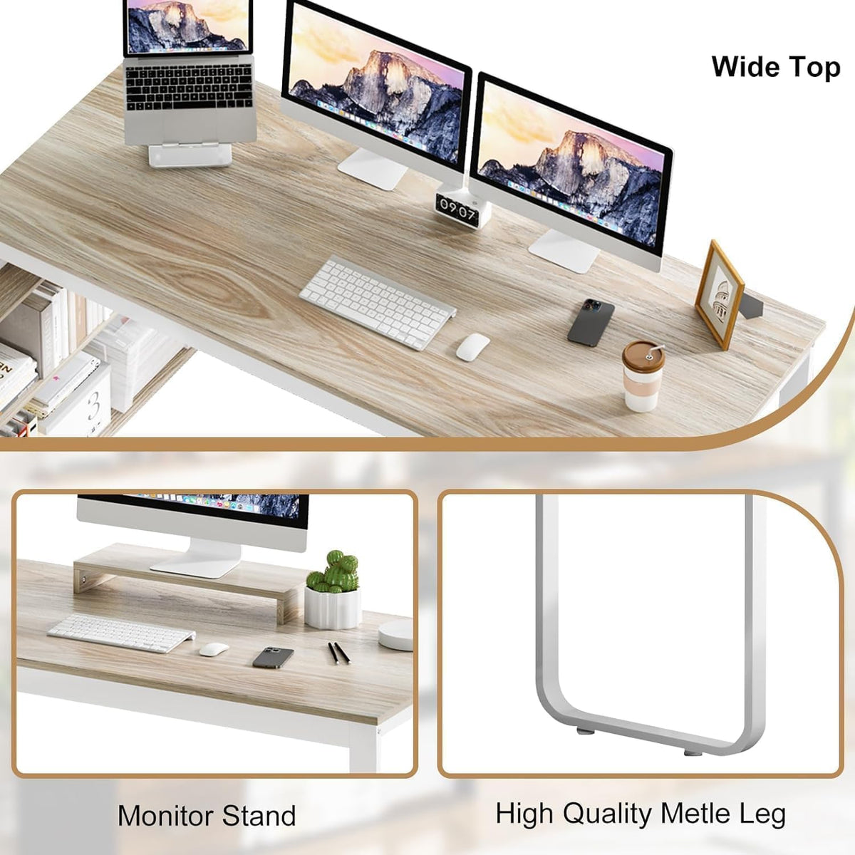 55" L Shaped Office Desk with Drawers, White and Walnut B4177