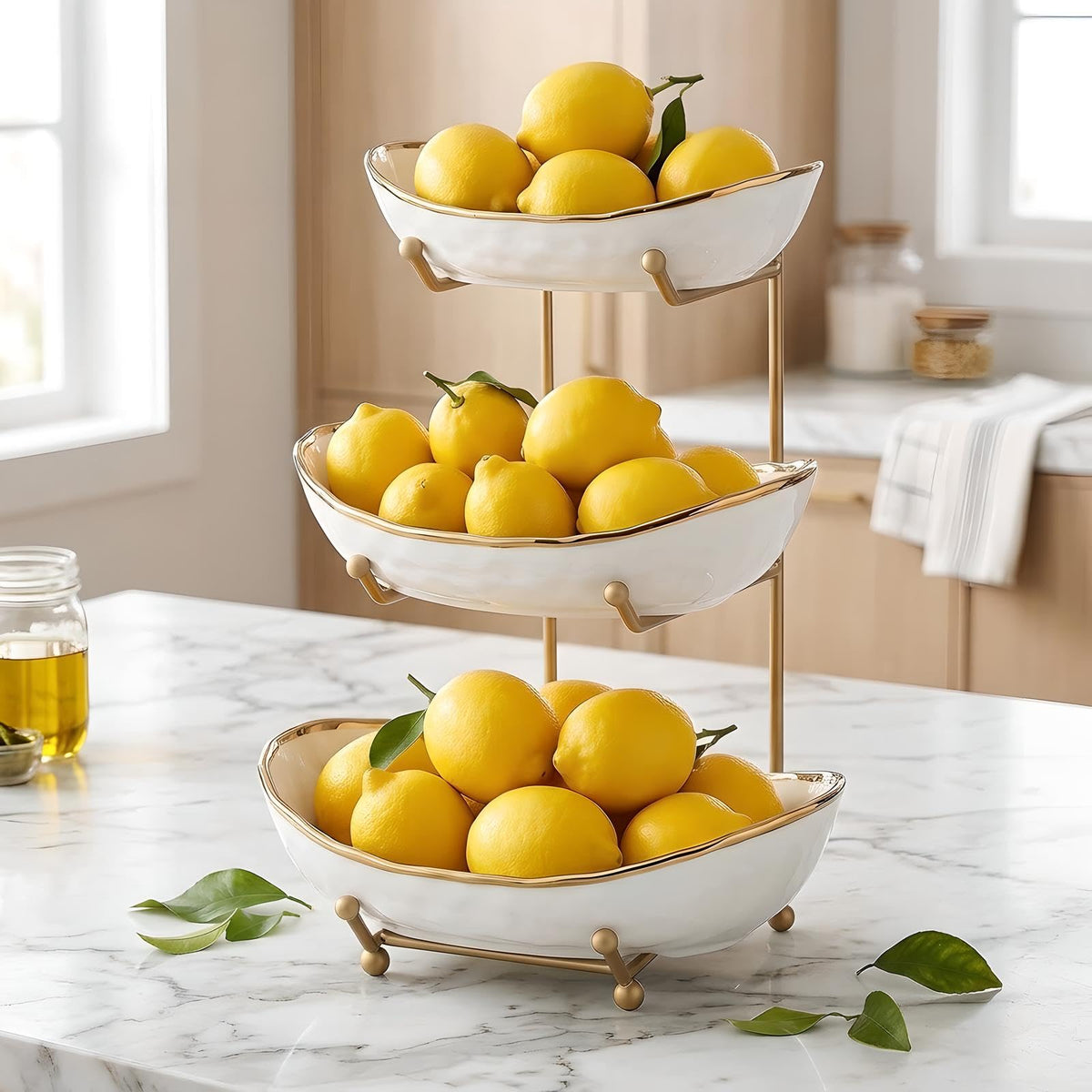 White 3 Tier Ceramic Fruit Bowl with Metal Holder K531