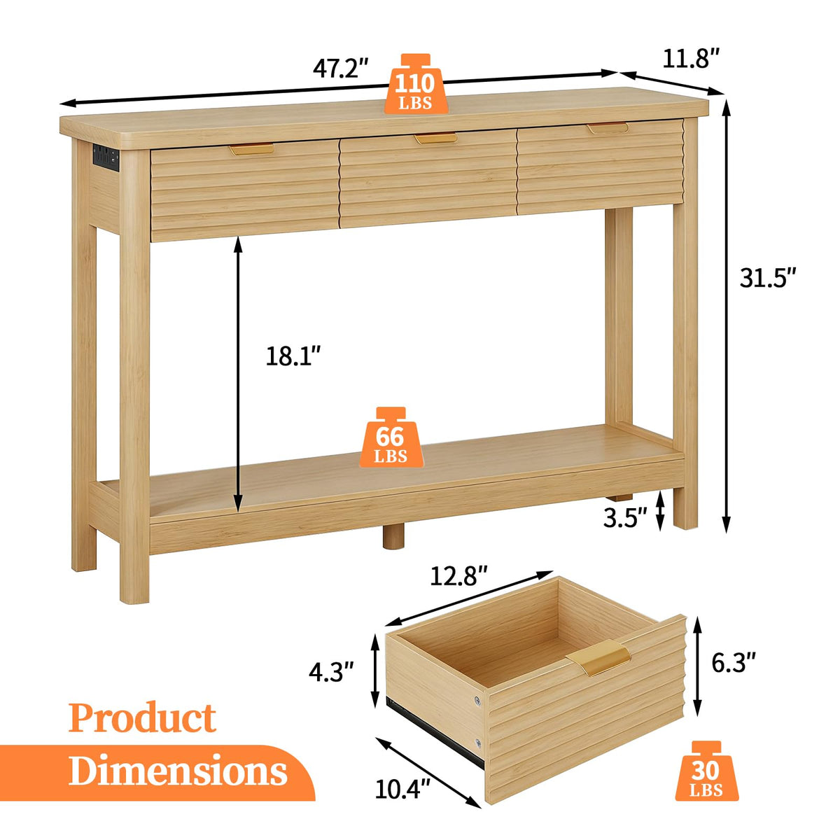 47.2" Narrow Console Table with 3 Drawers & Charging Station, Oak Y755