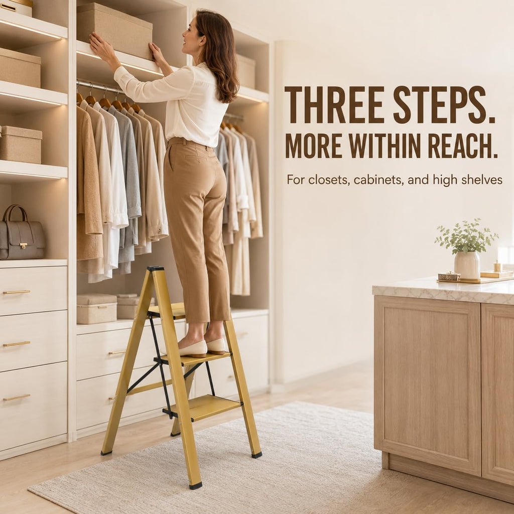 Gold Aluminum 3 Step Folding Stool, 330 lb Capacity D215