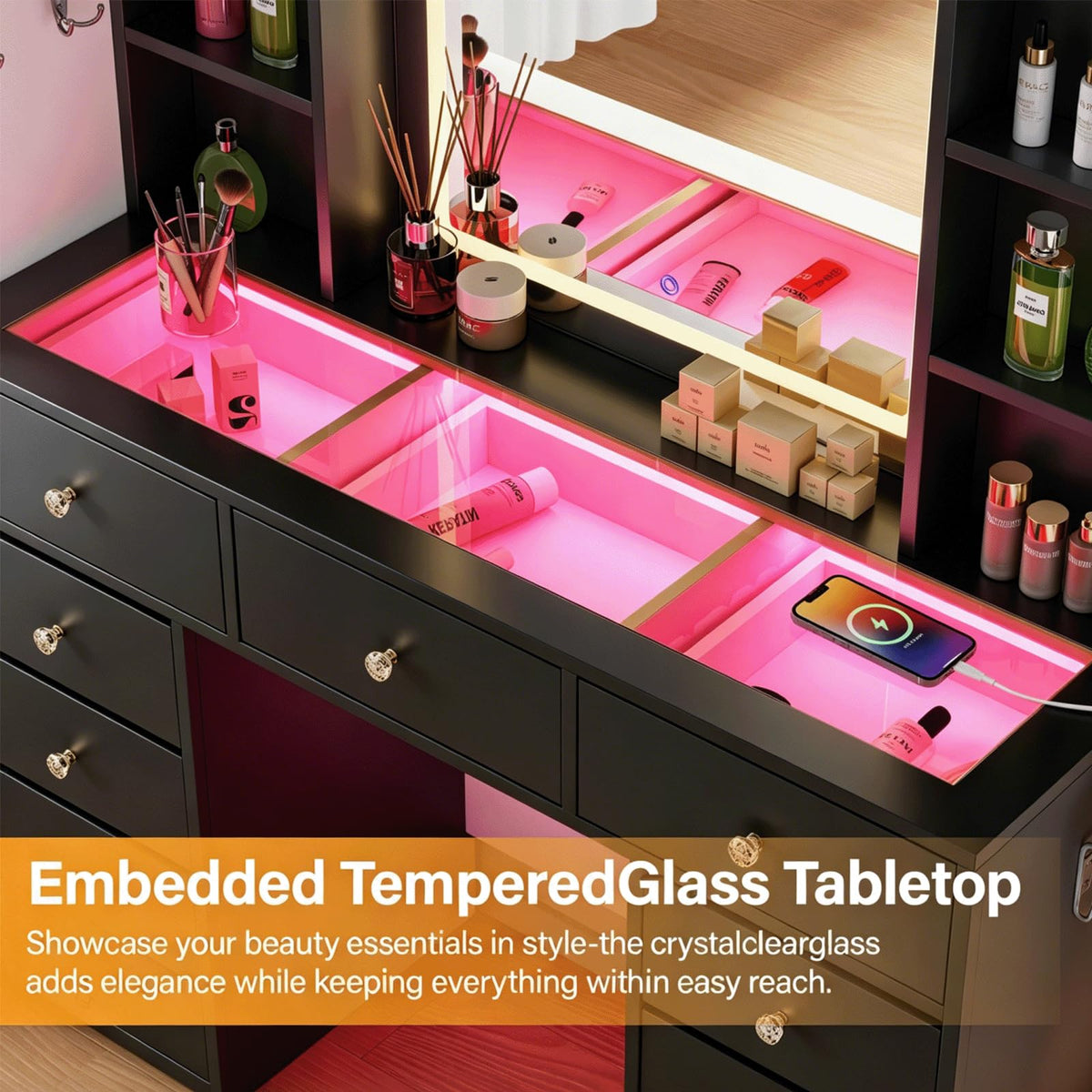 Full Length Mirror Vanity Desk with LED Mirror and 11 Drawers B379