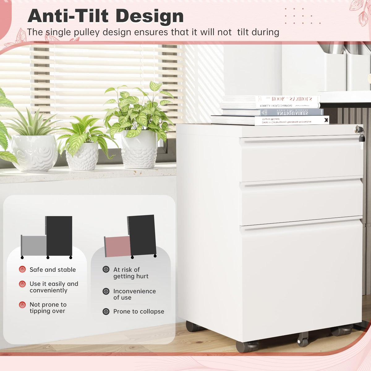 White 3 Drawer Metal Rolling File Cabinet H280
