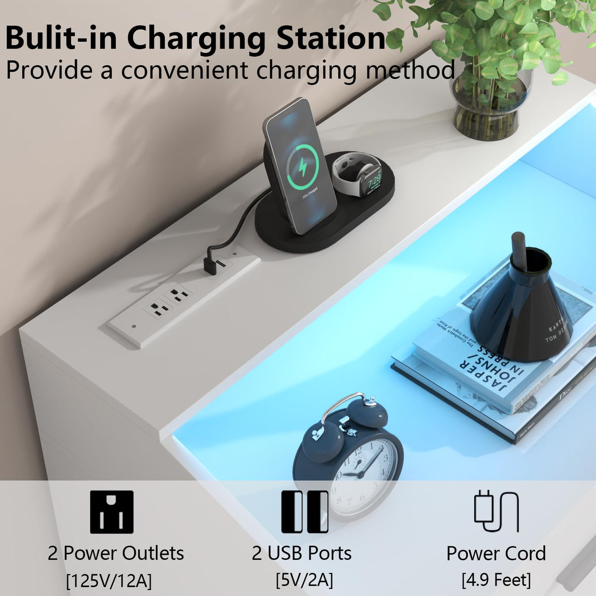 White 3 Drawer Nightstand with Charging Station Q6844