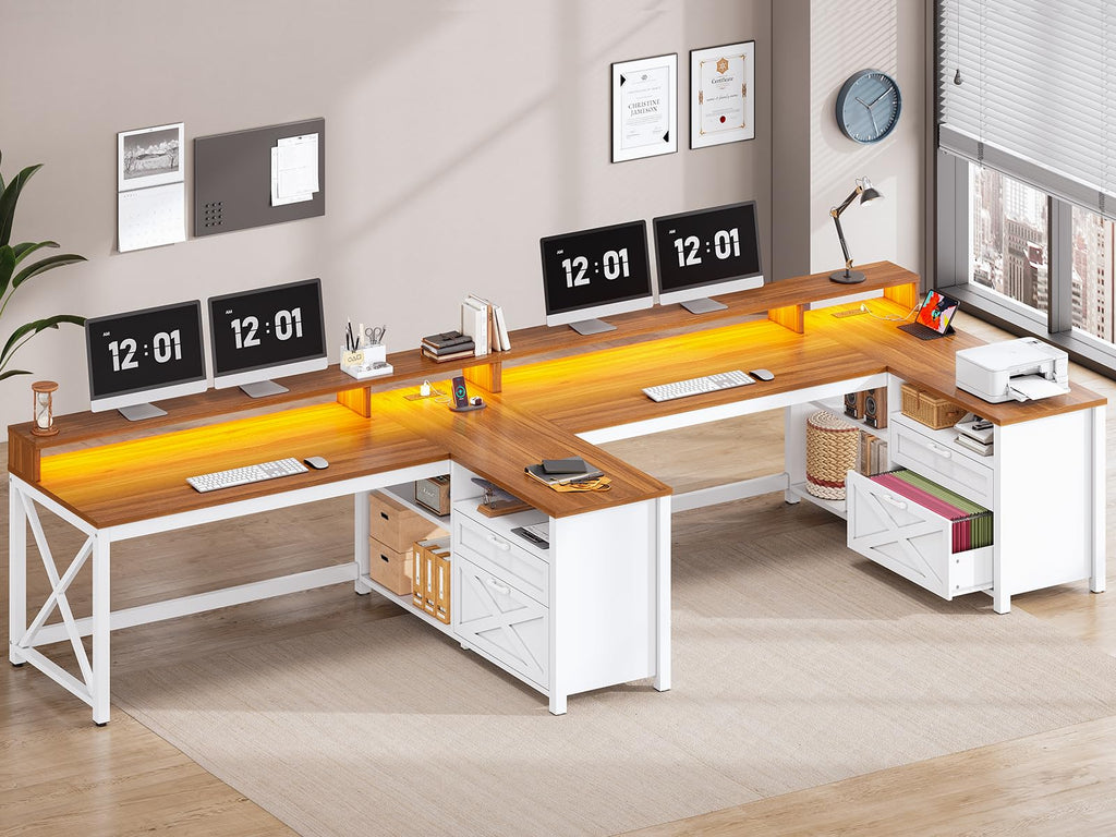 Brown L Shaped Desk with Drawers and Storage Shelves S606879