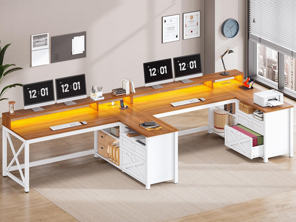 Brown L Shaped Desk with Drawers and Storage Shelves S606879