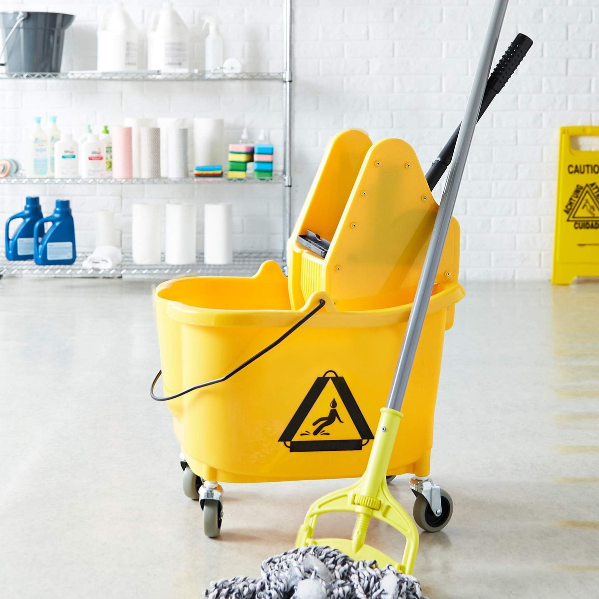 Rectangular Mop Bucket with Down Press Wringer Combo, 35-Quart, Yellow R9164
